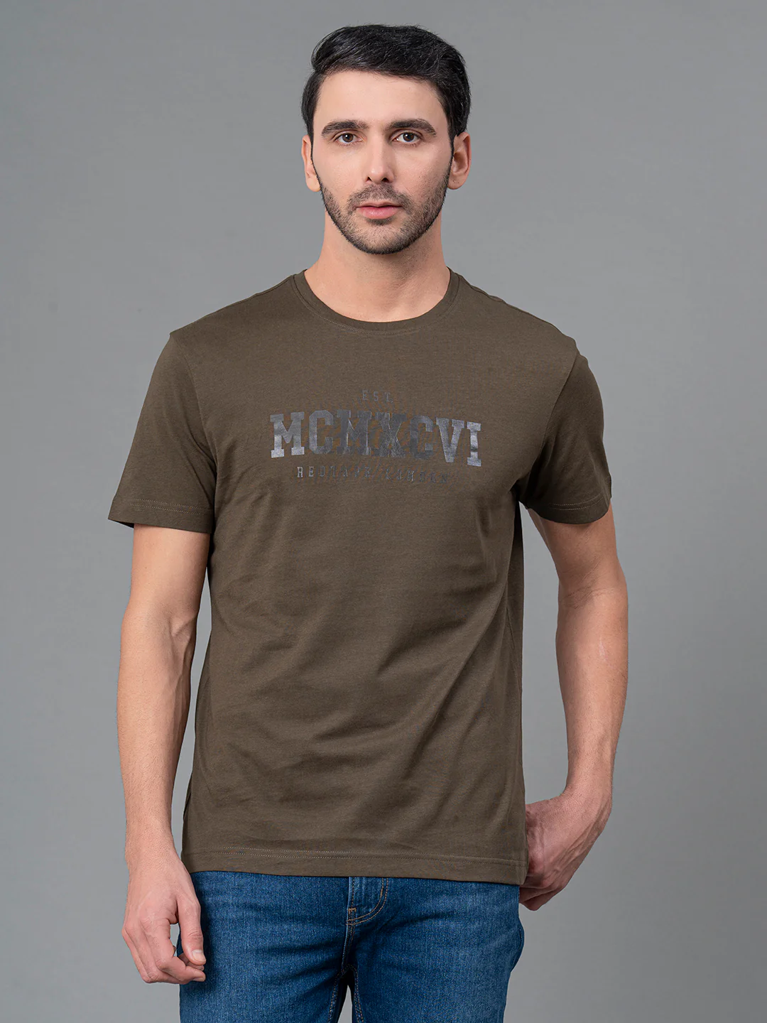 Mens Casual Round Neck Dark Olive T-Shirt - Image 2