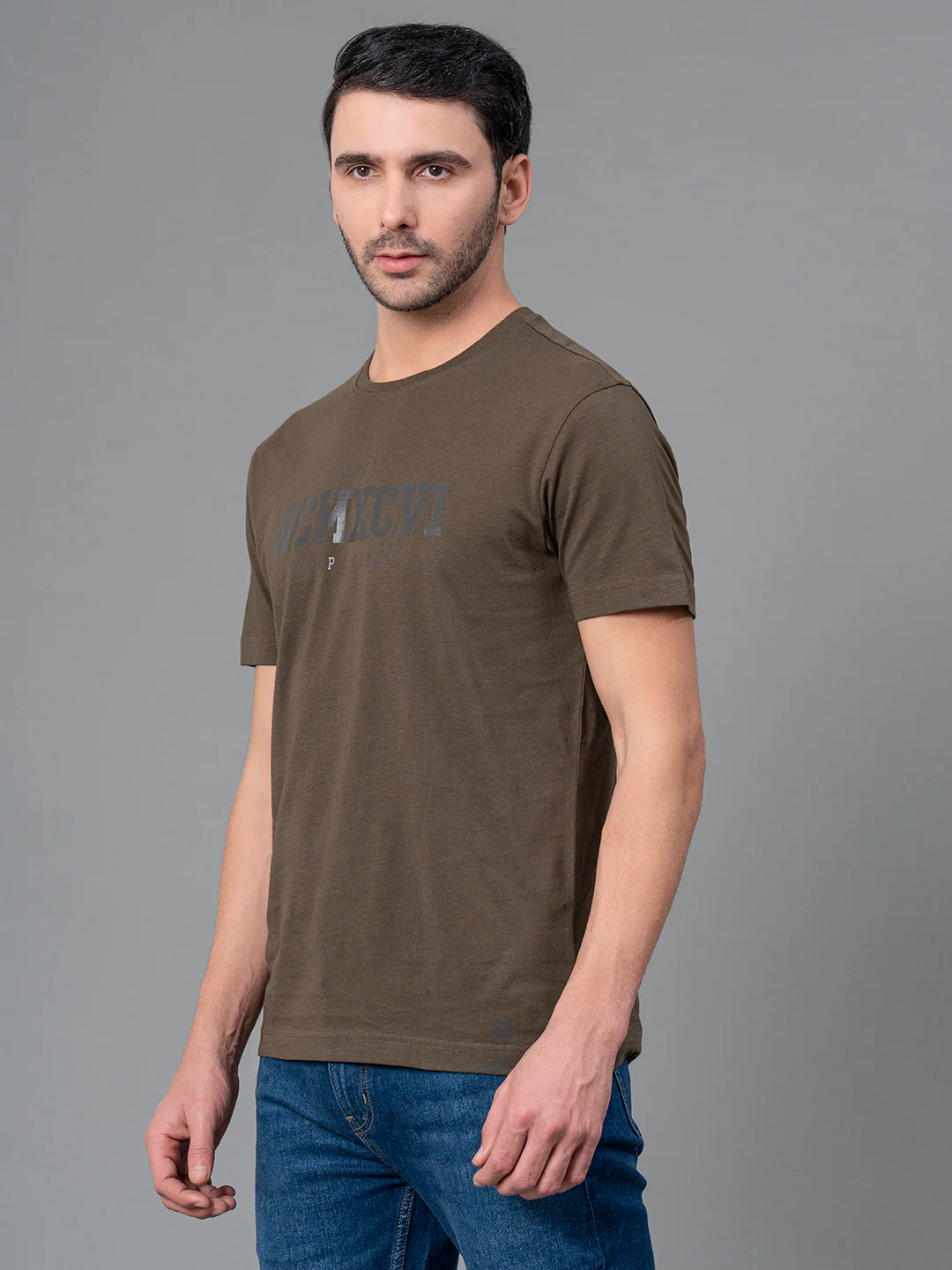 Mens Casual Round Neck Dark Olive T-Shirt - Image 7