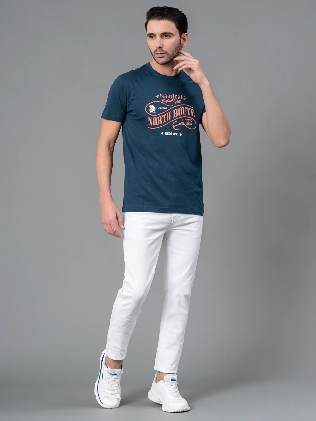 Mens Casual Round Neck Deep Blue T-Shirt - Image 5