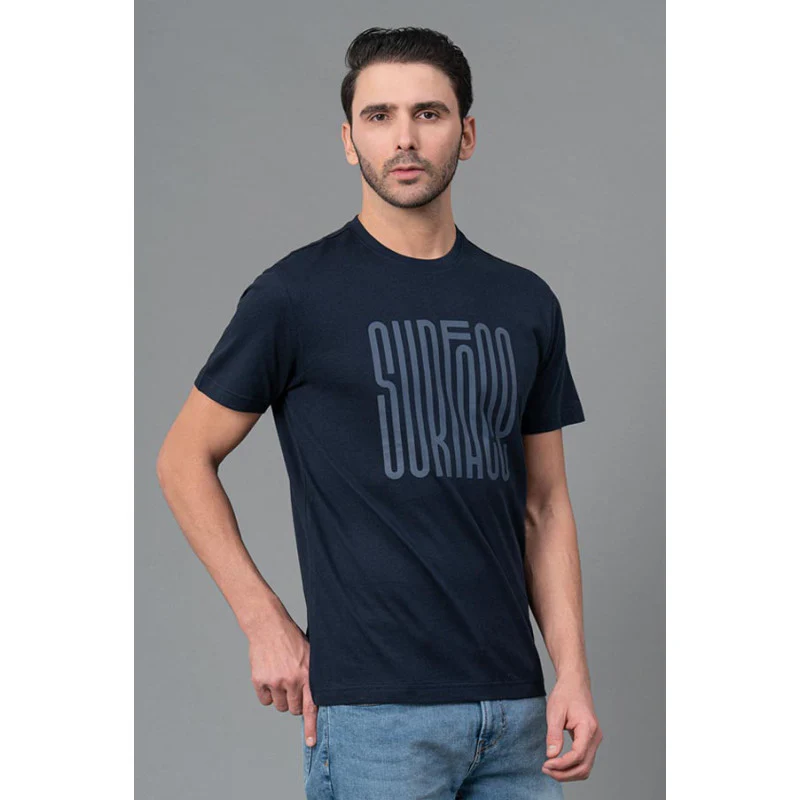 Mens Casual Round Neck Navy T-Shirt - Image 2