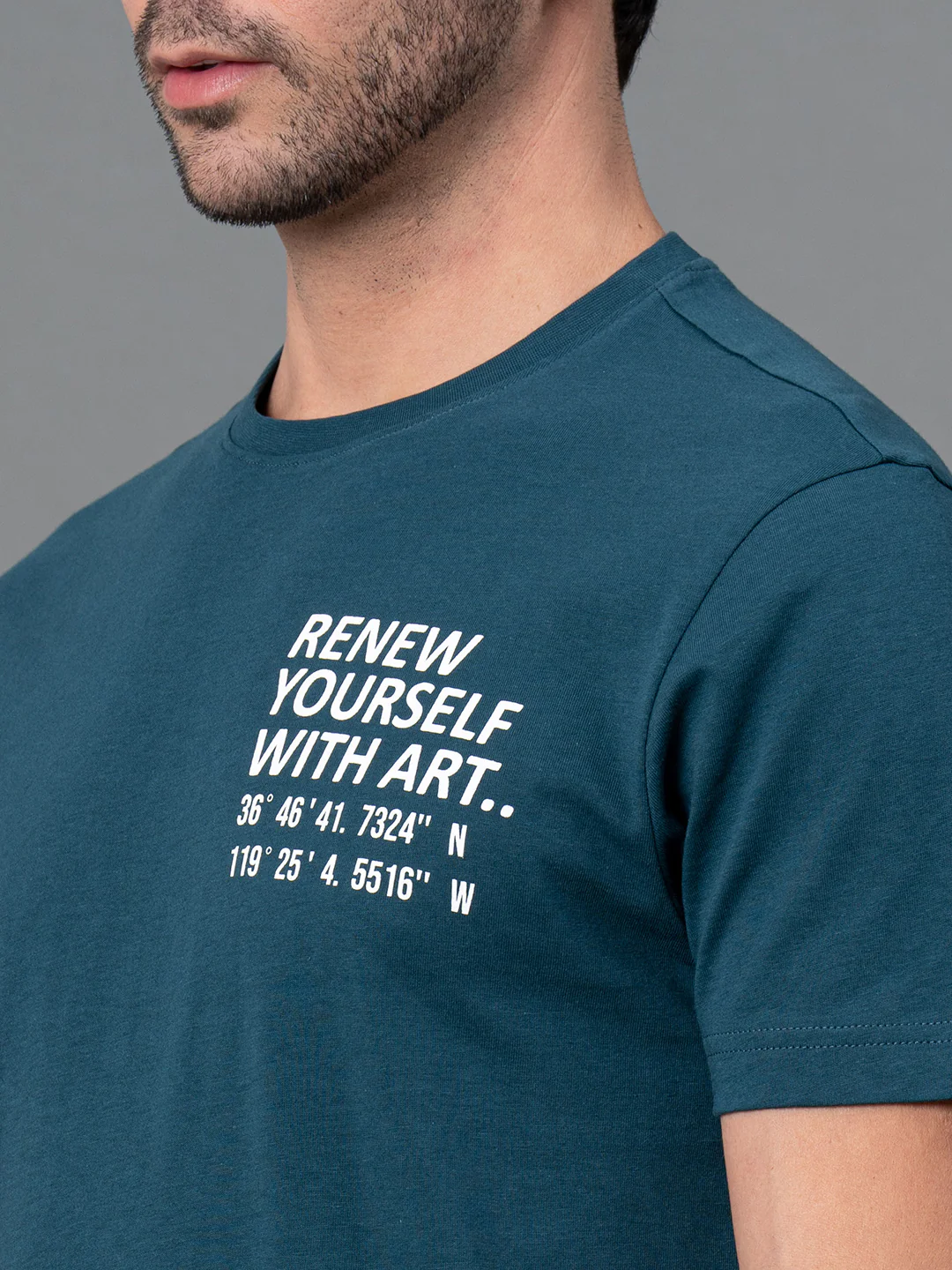 Mens Casual Round Neck Teal T-Shirt - Image 4