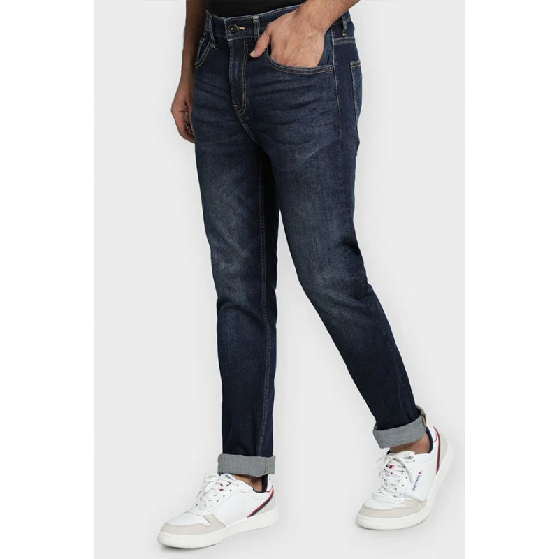 Men's Dark Blue Cotton Elastane Skinny Fit Jeans - Image 3