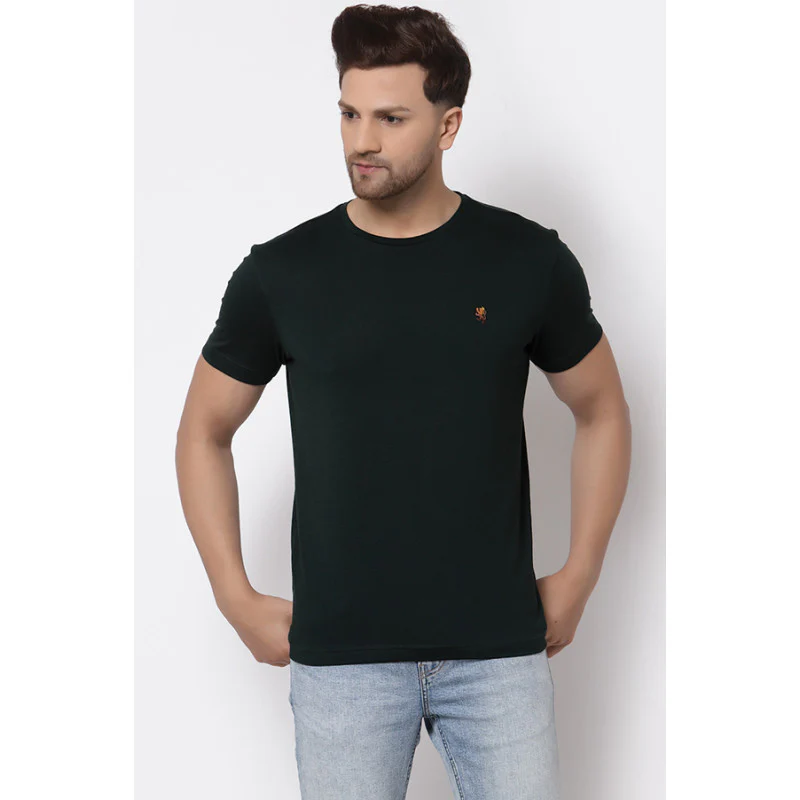 Men Dark Green Solid T-Shirt - Image 2