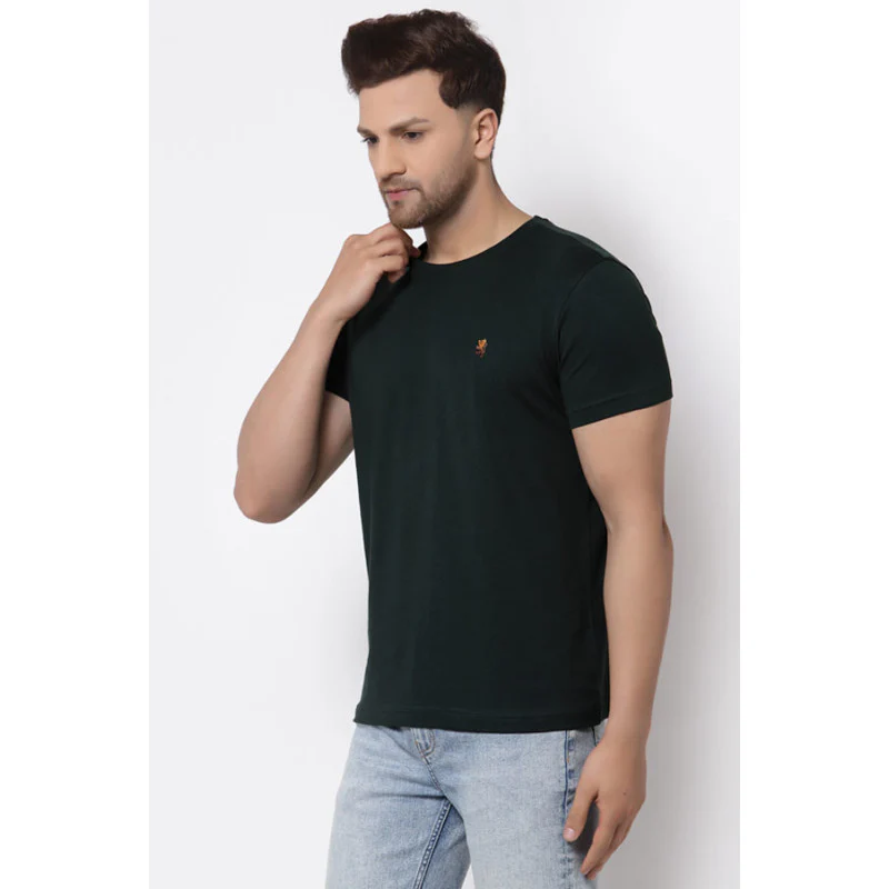 Men's Dark Green Solid Pure Cotton Round Neck T-Shirt - Image 2