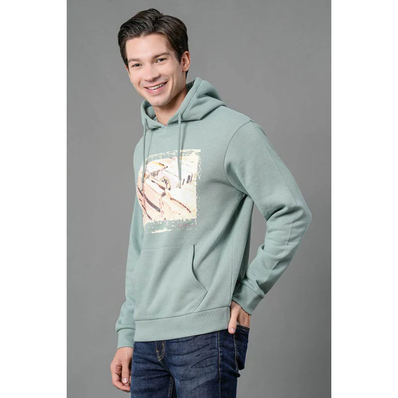Men's Green Melange Graphic Print Hoodie - Image 2