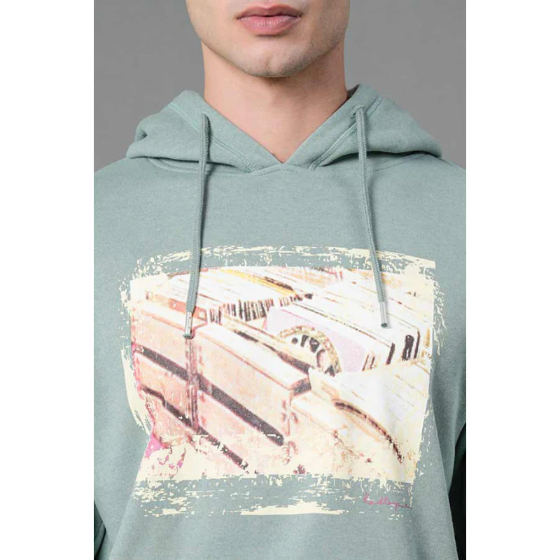 Men's Green Melange Graphic Print Hoodie - Image 4