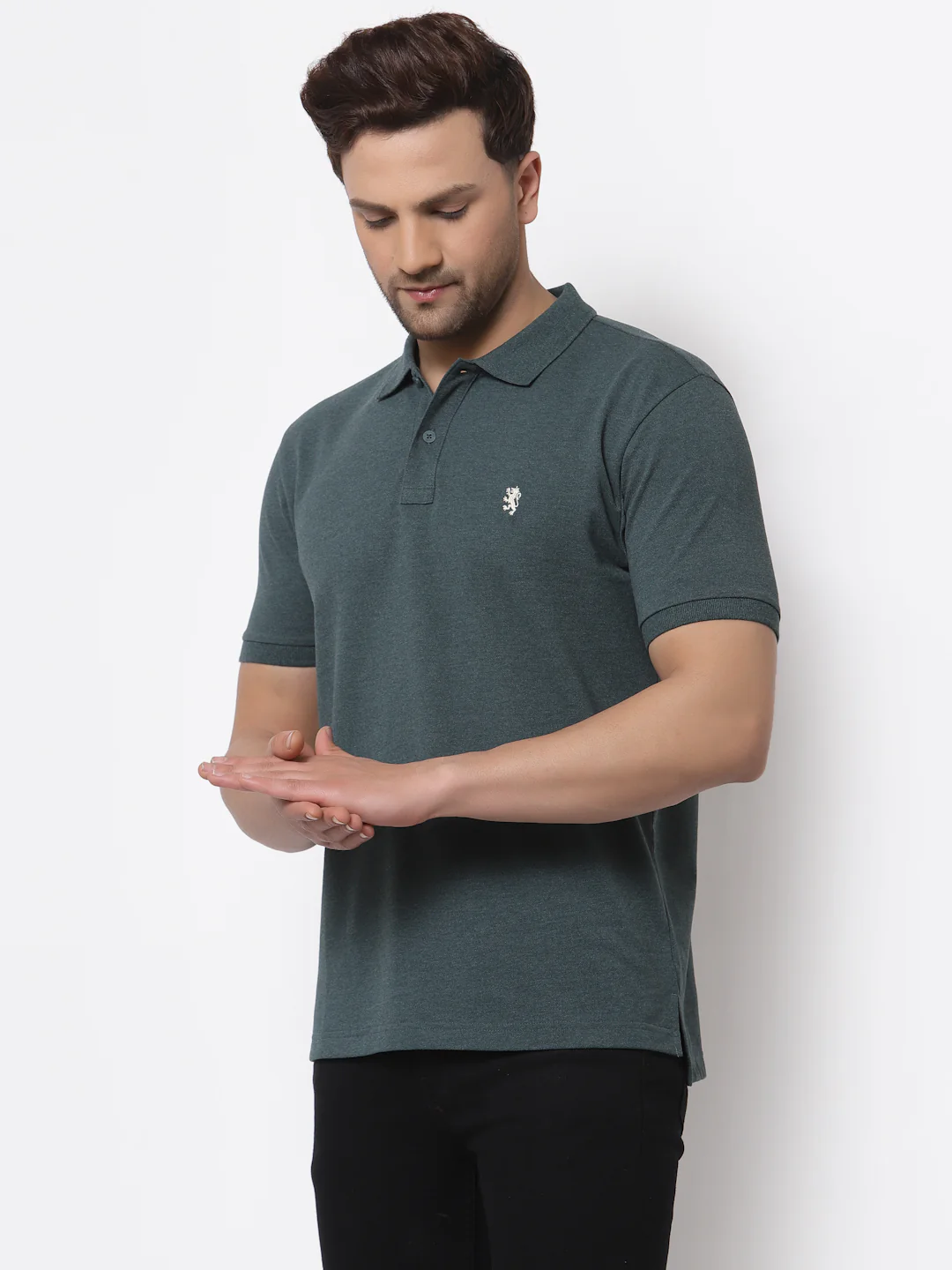 Men's Green Melange Polo Neck T-Shirt - Image 3