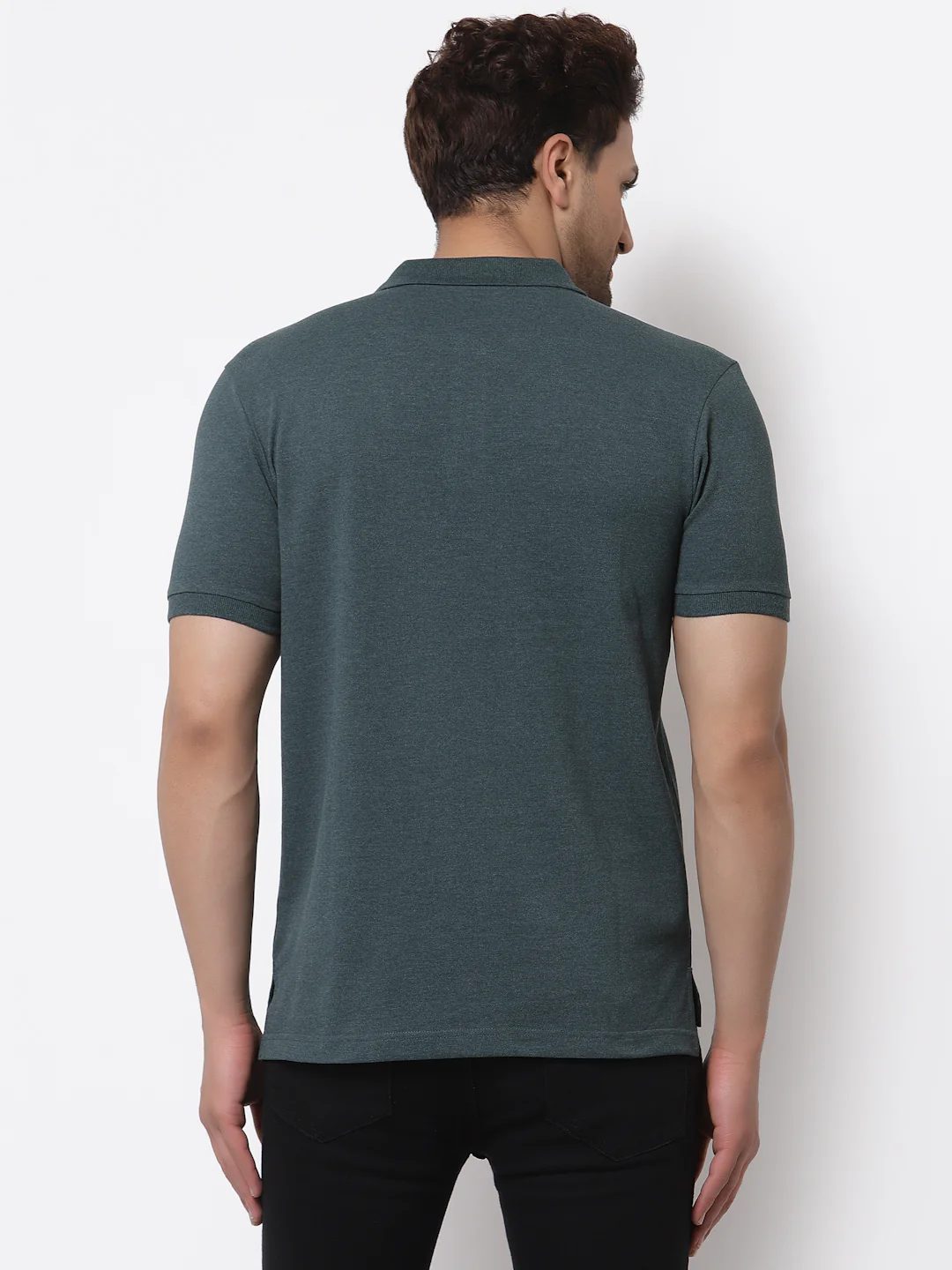 Men's Green Melange Polo Neck T-Shirt - Image 4