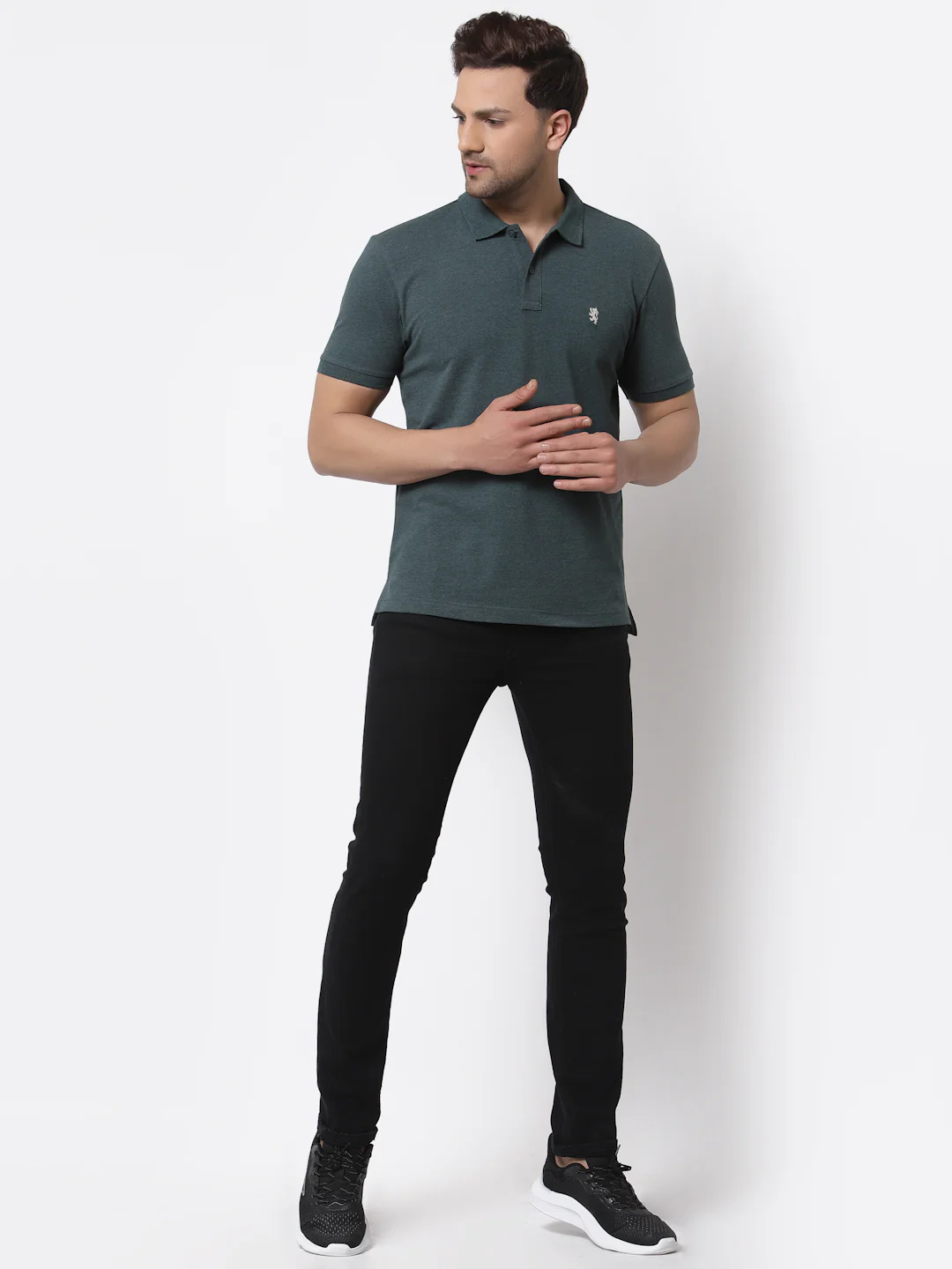 Men's Green Melange Polo Neck T-Shirt - Image 5