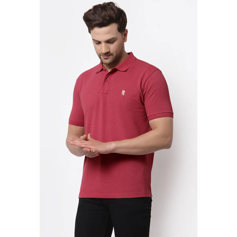 Men's Maroon Melange Polo Neck T-Shirt - Image 2