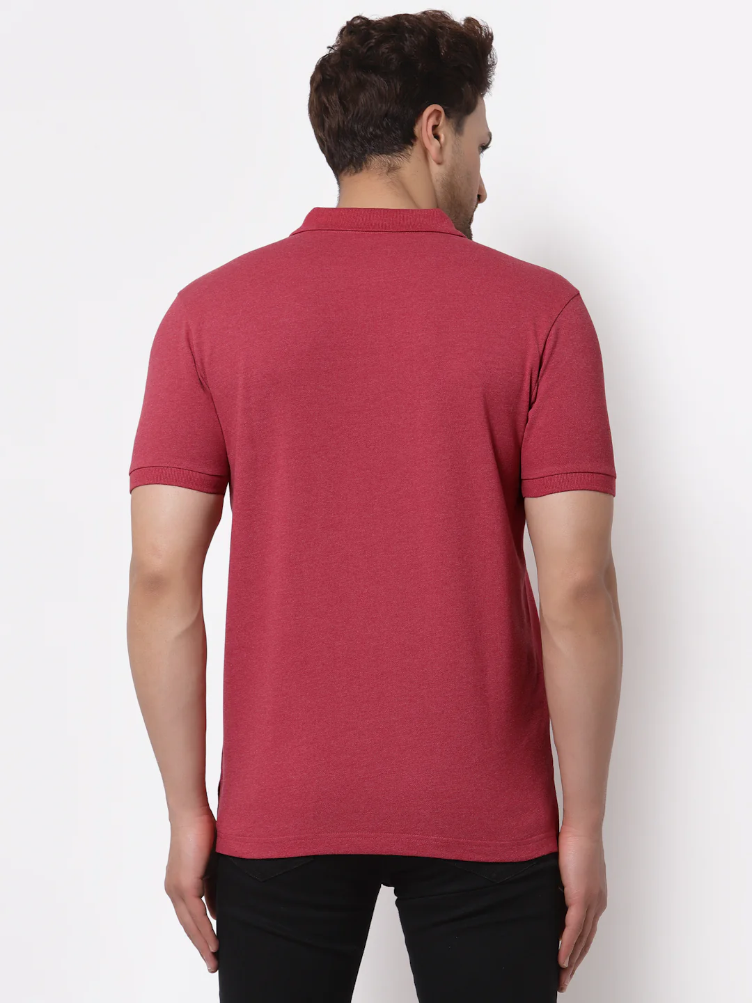 Men's Maroon Melange Polo Neck T-Shirt - Image 4