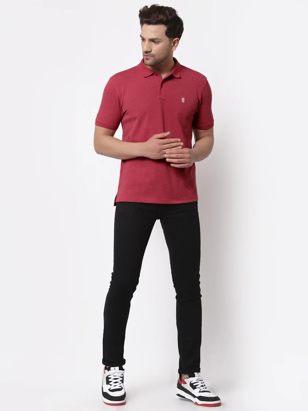 Men's Maroon Melange Polo Neck T-Shirt - Image 5