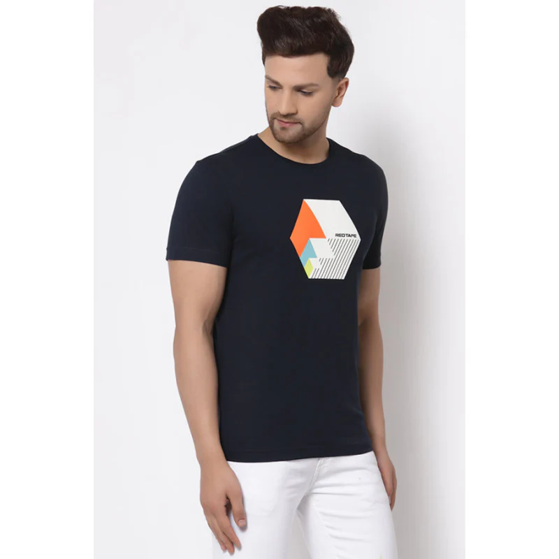 Men's Navy Round Neck Pure Cotton Graphic Print T-Shirt - Image 2