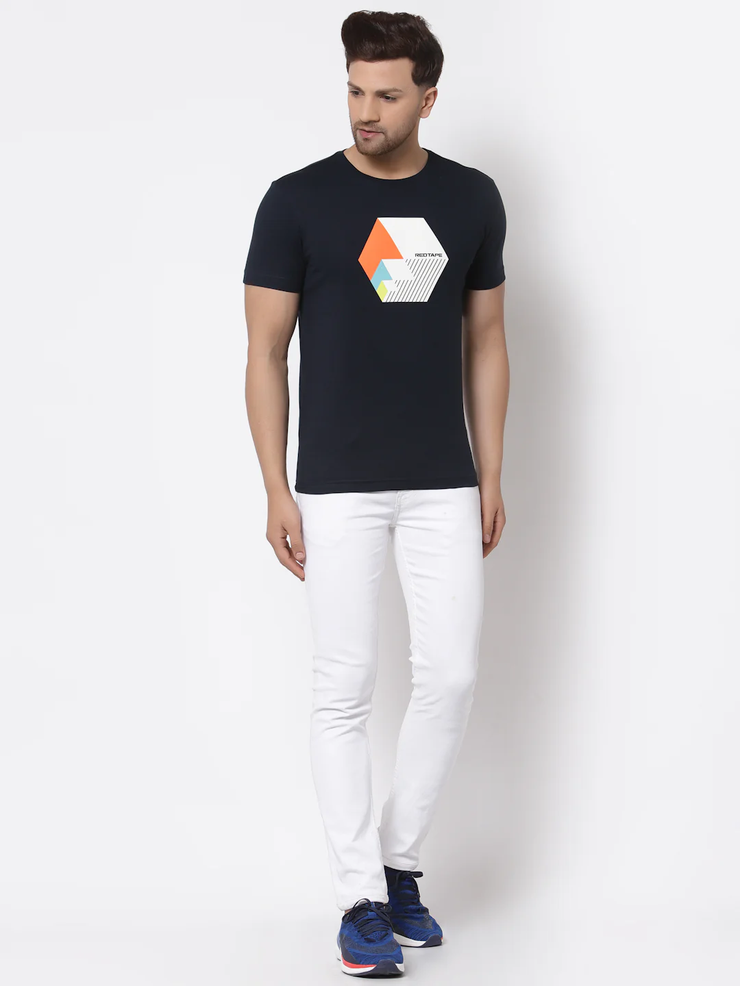 Men's Navy Round Neck Pure Cotton Graphic Print T-Shirt - Image 4