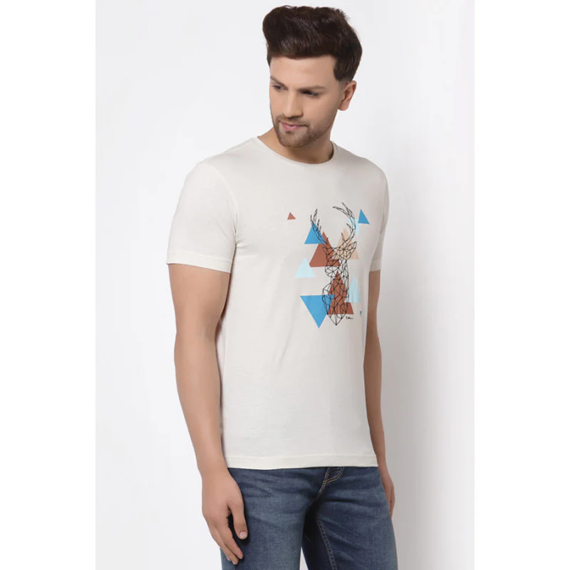 Men's Off White Round Neck Pure Cotton Graphic Print T-Shirt - Image 2