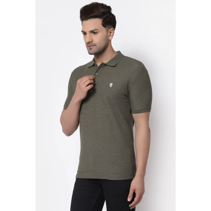 Men's Olive Solid Polo Collar Poly Cotton Melange T-Shirt - Image 2