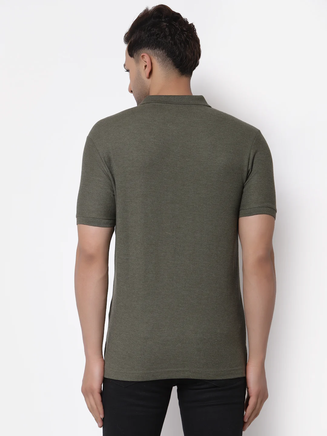 Men's Olive Solid Polo Collar Poly Cotton Melange T-Shirt - Image 3