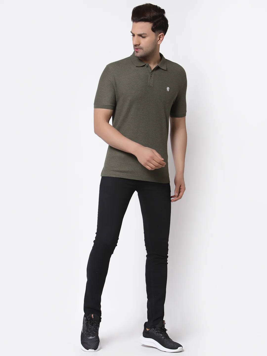 Men's Olive Solid Polo Collar Poly Cotton Melange T-Shirt - Image 4
