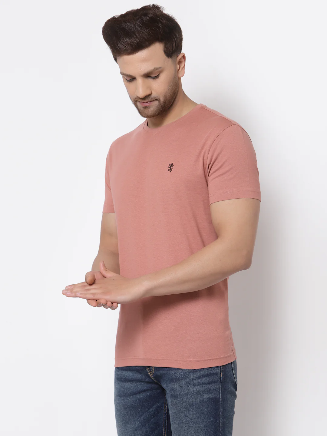 Men Pale Pink Solid T-Shirt - Image 3