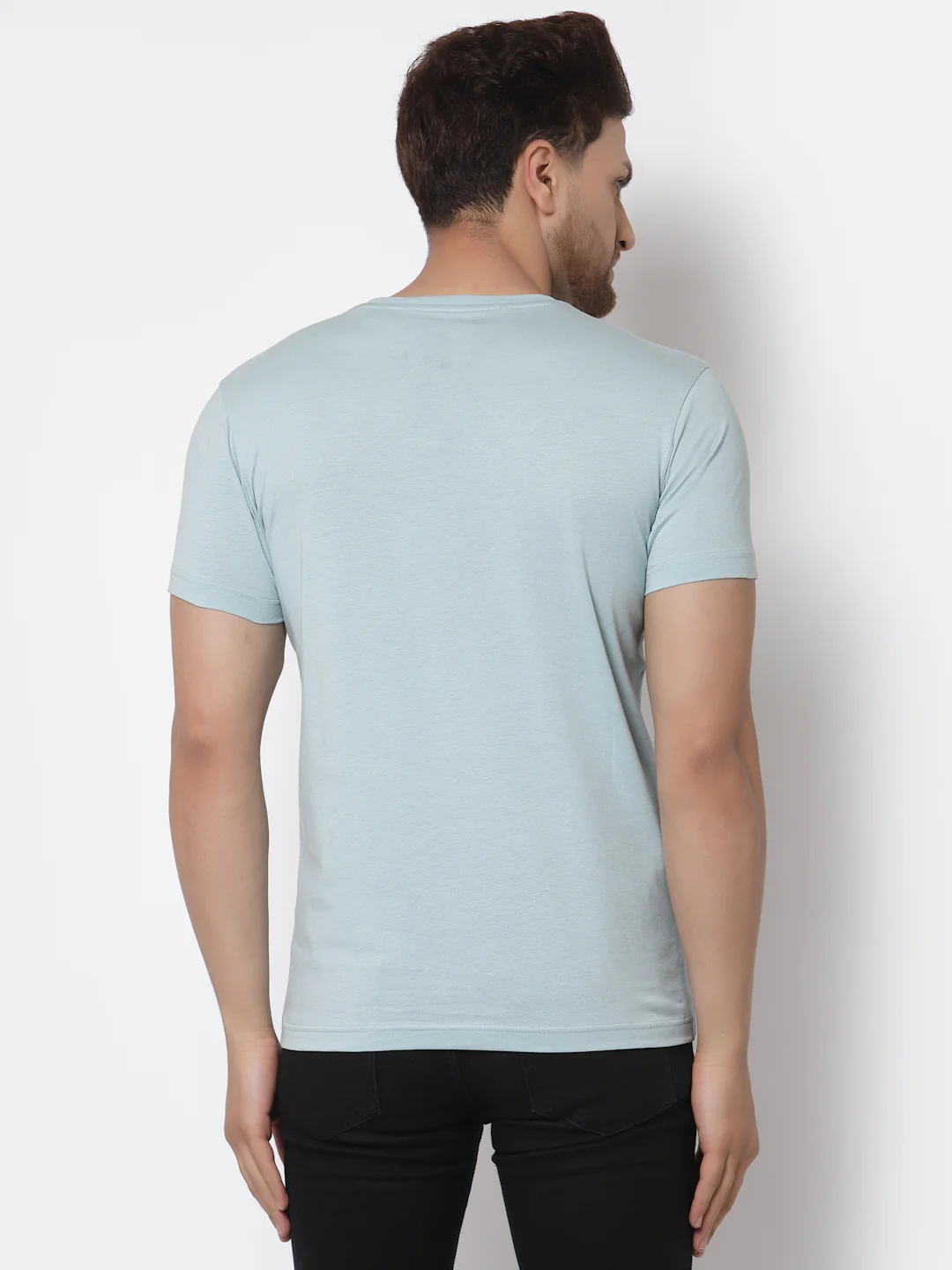 Men Sky Blue Solid T-Shirt - Image 4