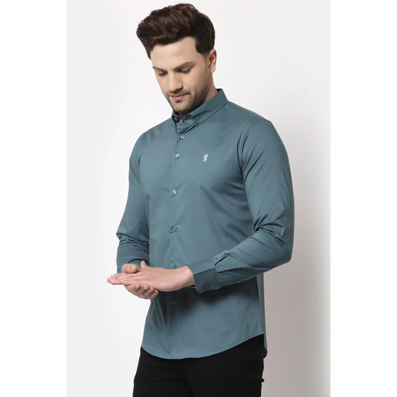 Men Slate Blue Solid Shirt - Image 2