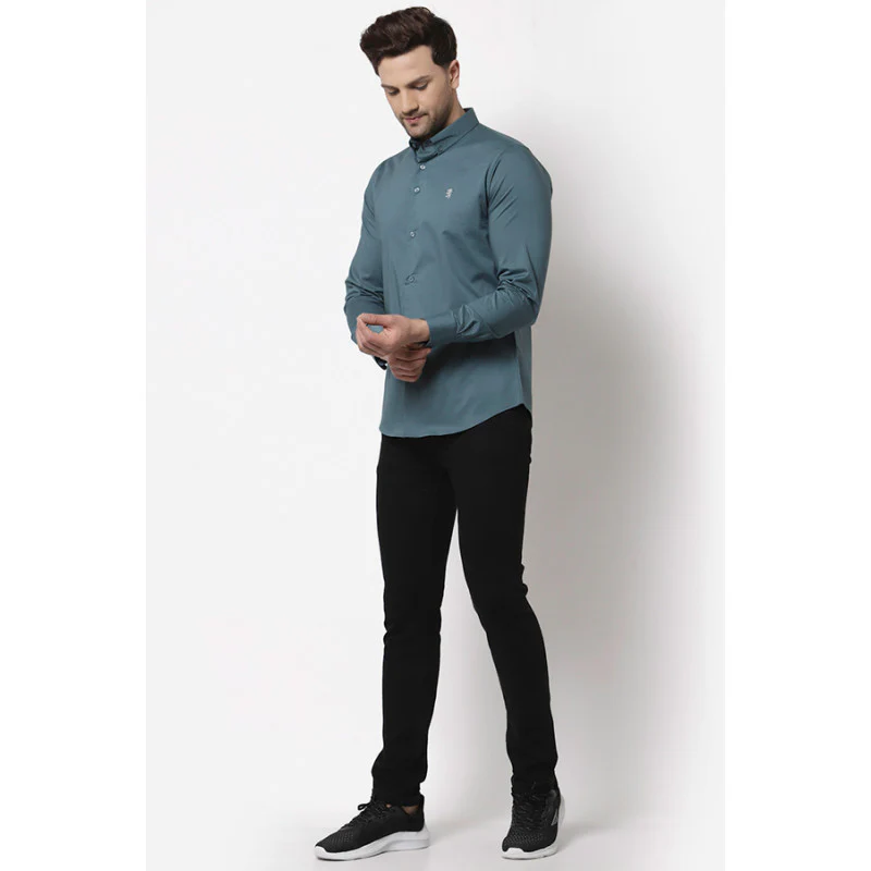 Men Slate Blue Solid Shirt - Image 4
