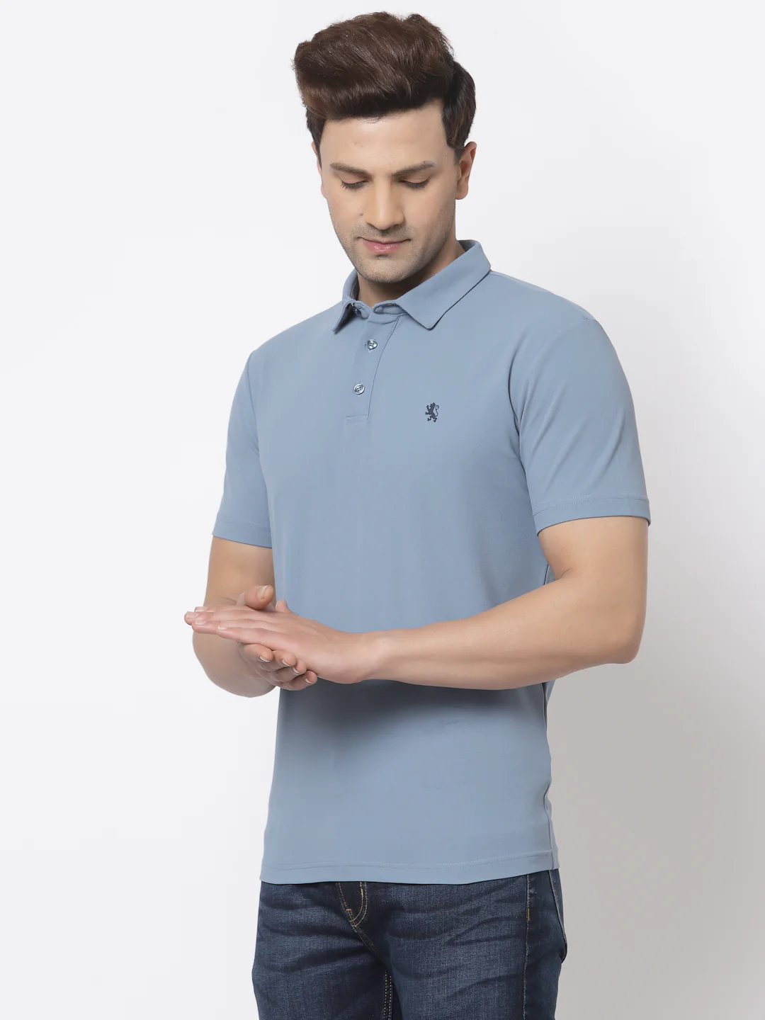 Men Slate Blue Polo Neck T-Shirt - Image 2