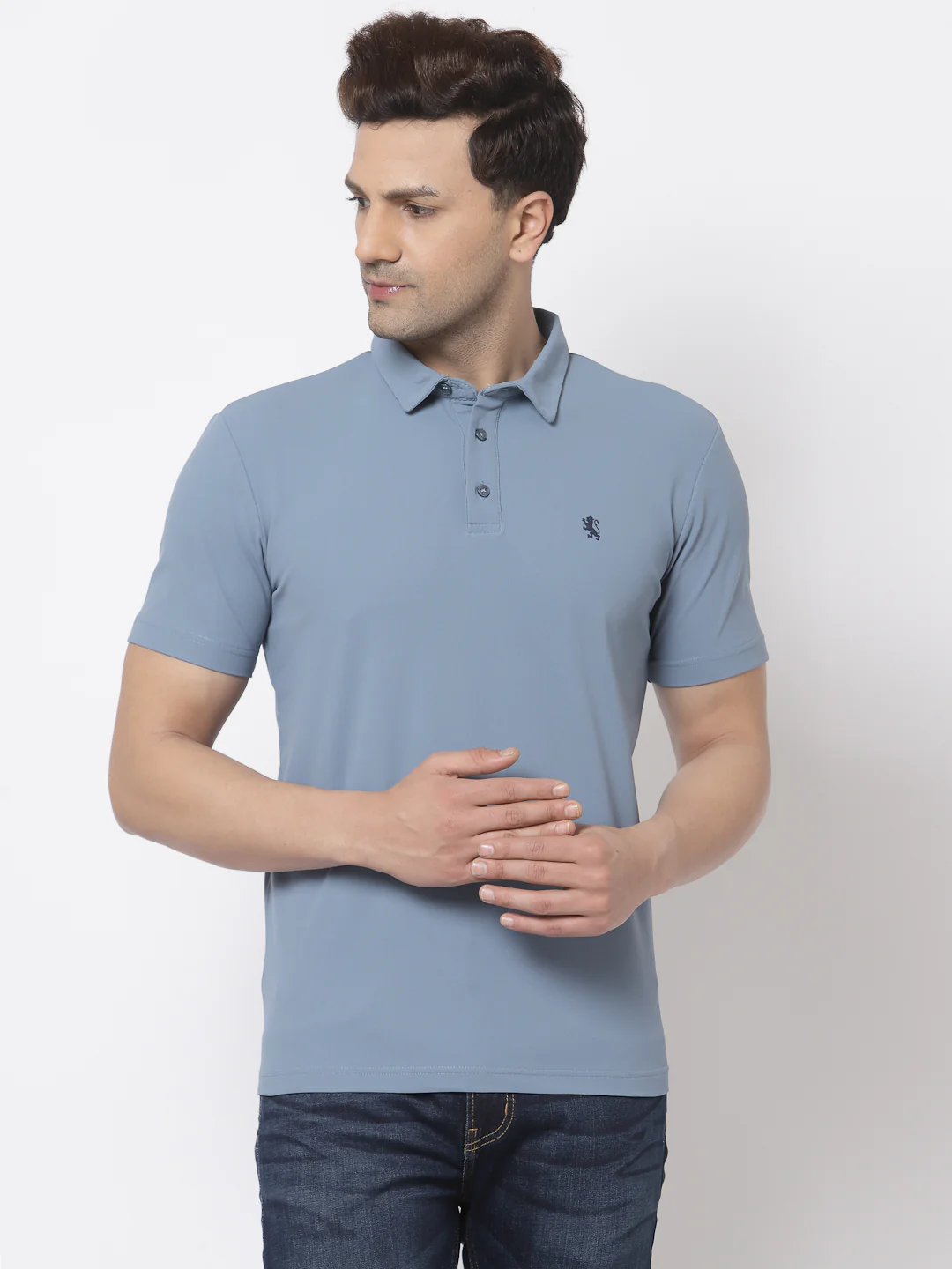 Men Slate Blue Polo Neck T-Shirt - Image 6