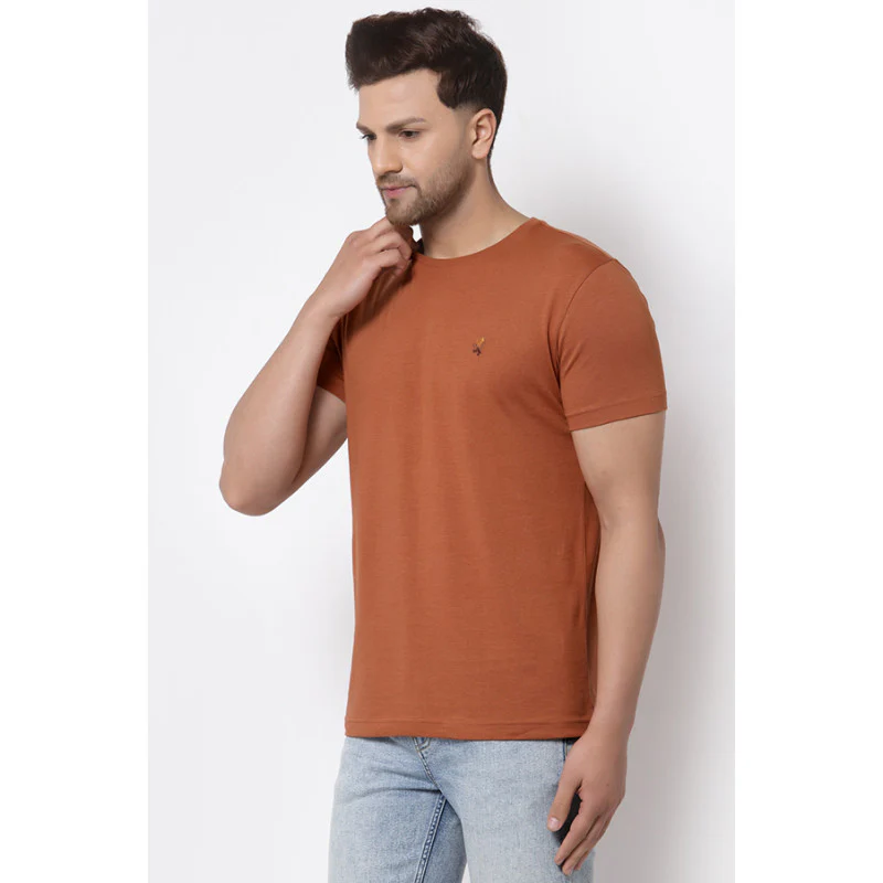 Men Tan Solid T-Shirt - Image 2