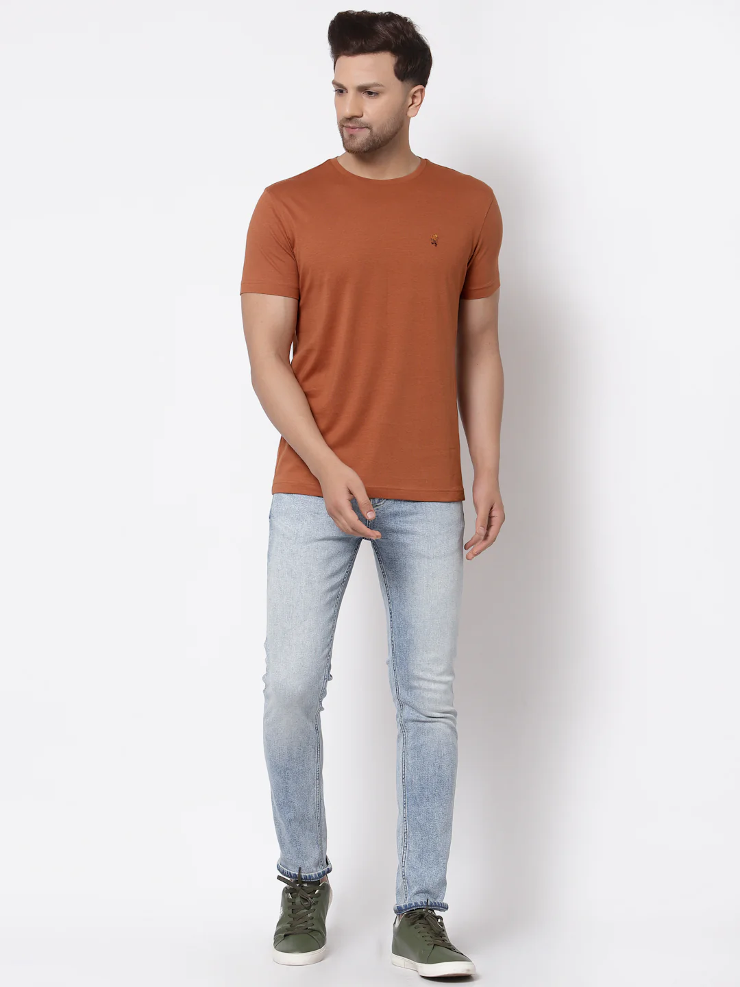 Men Tan Solid T-Shirt - Image 5