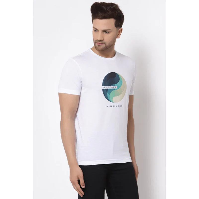 Men's White Round Neck Pure Cotton Graphic Print T-Shirt - Image 2