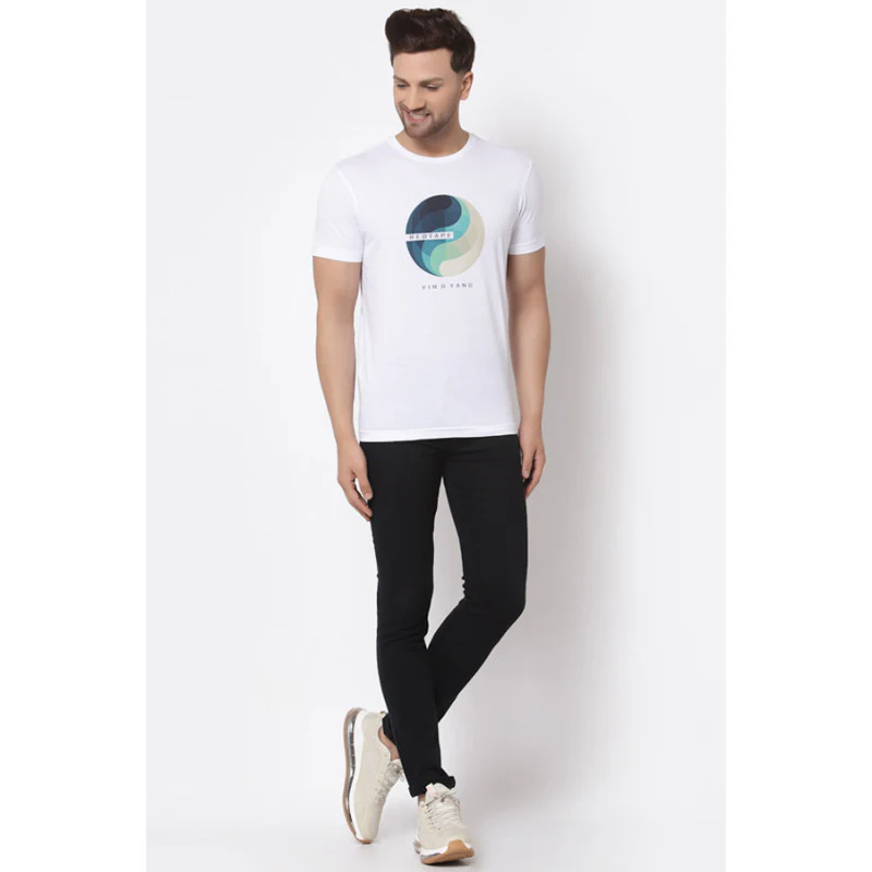Men's White Round Neck Pure Cotton Graphic Print T-Shirt - Image 4