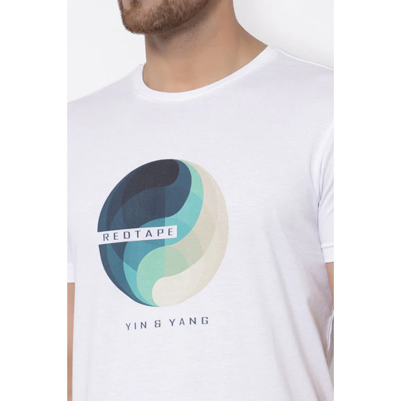 Men's White Round Neck Pure Cotton Graphic Print T-Shirt - Image 5