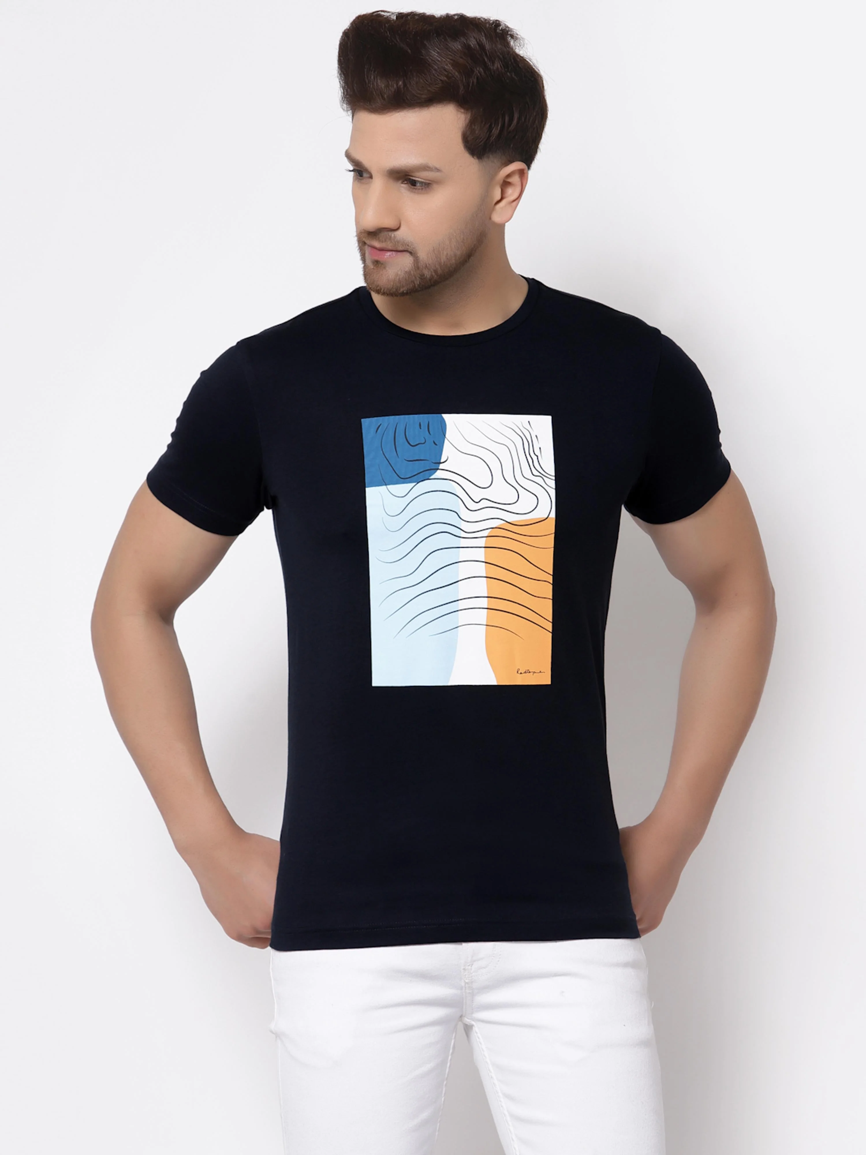 Navy Graphic Print Pure Cotton Men's T-Shirt - Image 6