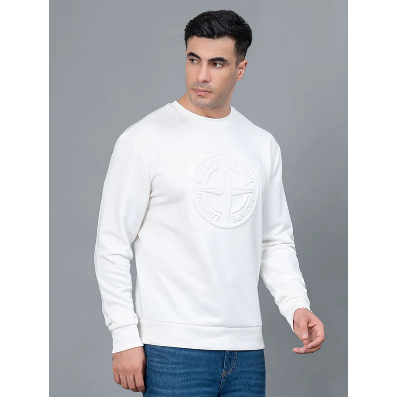 Off White Embossed Cotton Poly Fleece Men's Sweatshirt - Image 2
