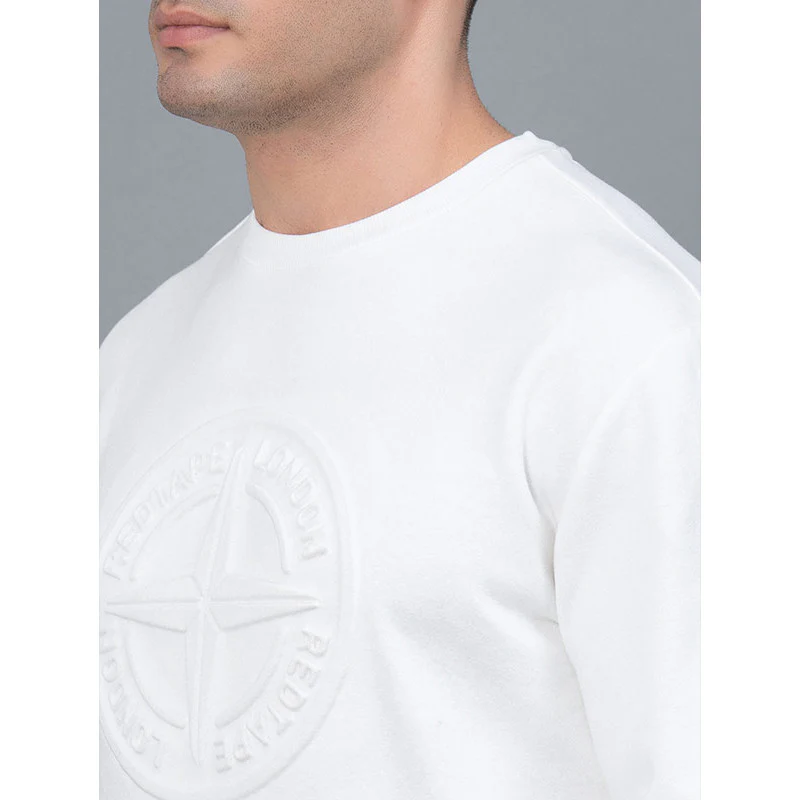 Off White Embossed Cotton Poly Fleece Men's Sweatshirt - Image 4