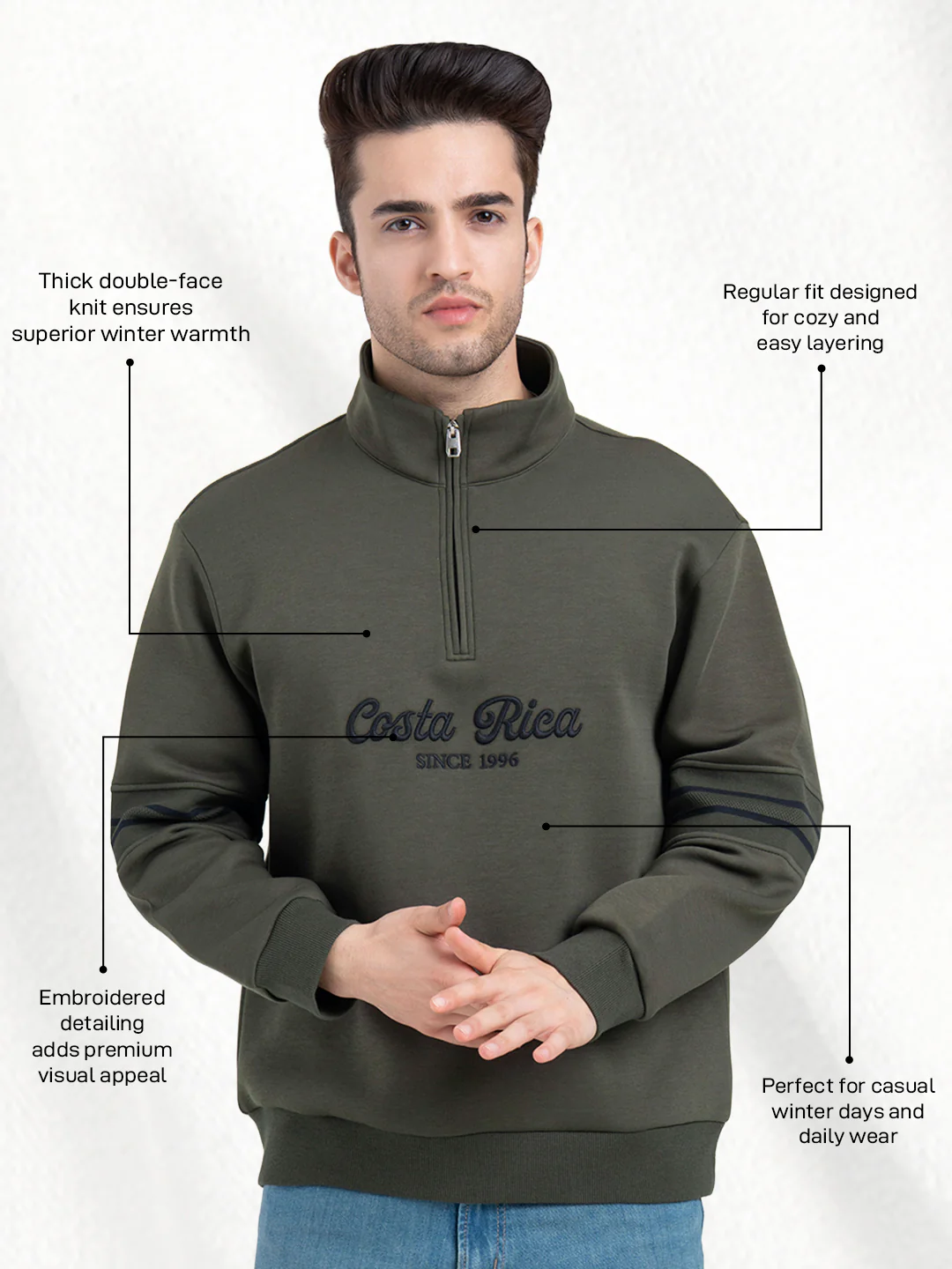 Olive Half Zip Sweatshirt with Embroidery for Men | Winter Sweatshirts for Everyday Style - Image 2
