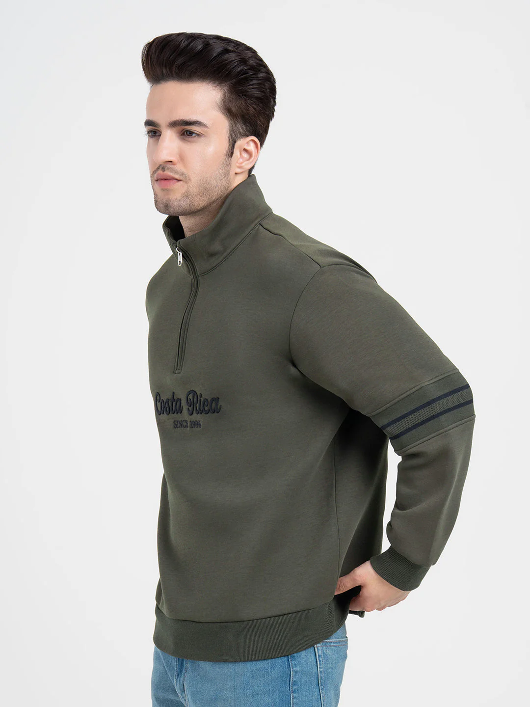 Olive Half Zip Sweatshirt with Embroidery for Men | Winter Sweatshirts for Everyday Style - Image 4