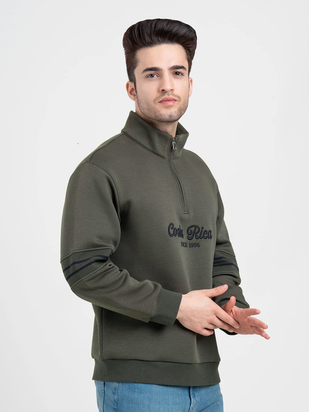 Olive Half Zip Sweatshirt with Embroidery for Men | Winter Sweatshirts for Everyday Style - Image 7
