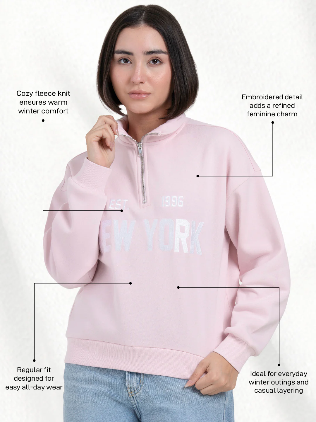 Pastel Pink Half-Zip Sweatshirt for Women | Winter Casual Comfort - Image 2