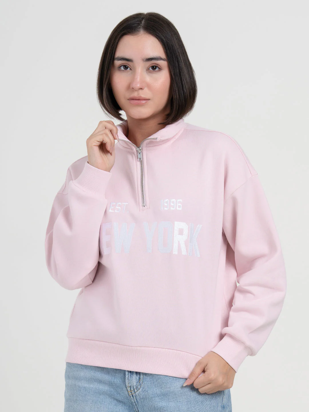 Pastel Pink Half-Zip Sweatshirt for Women | Winter Casual Comfort - Image 8