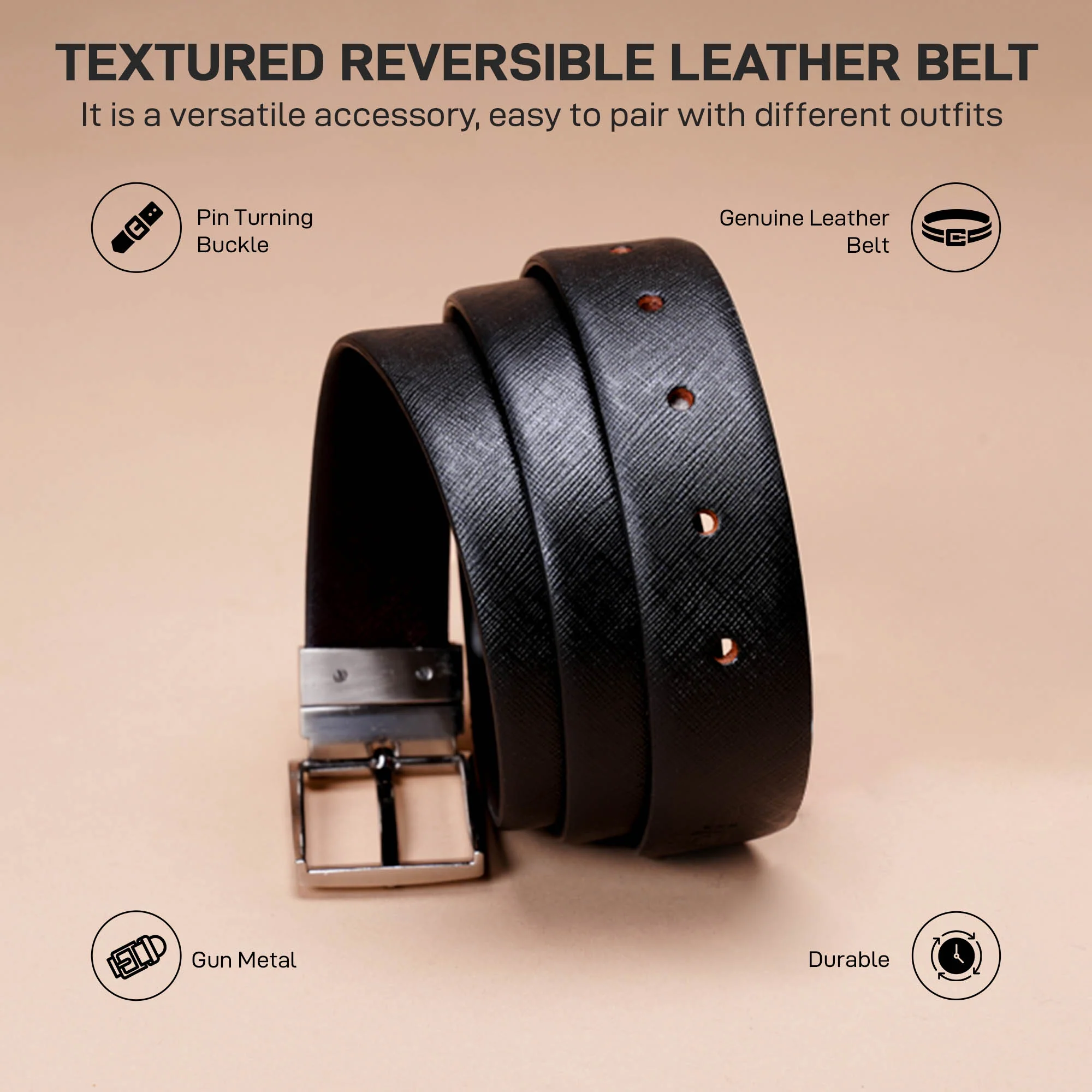 Reversible Leather Belt For Men | Textured Leather Belt | Classic and Durable - Image 3
