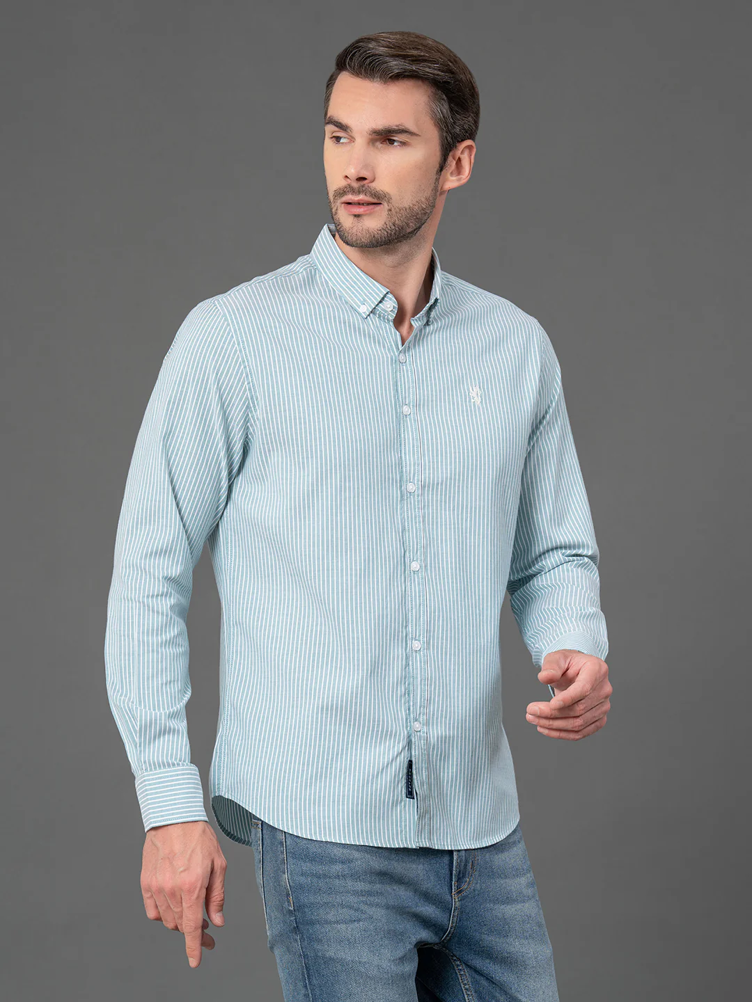 Sea Green Striped Shirt for Men - Image 2