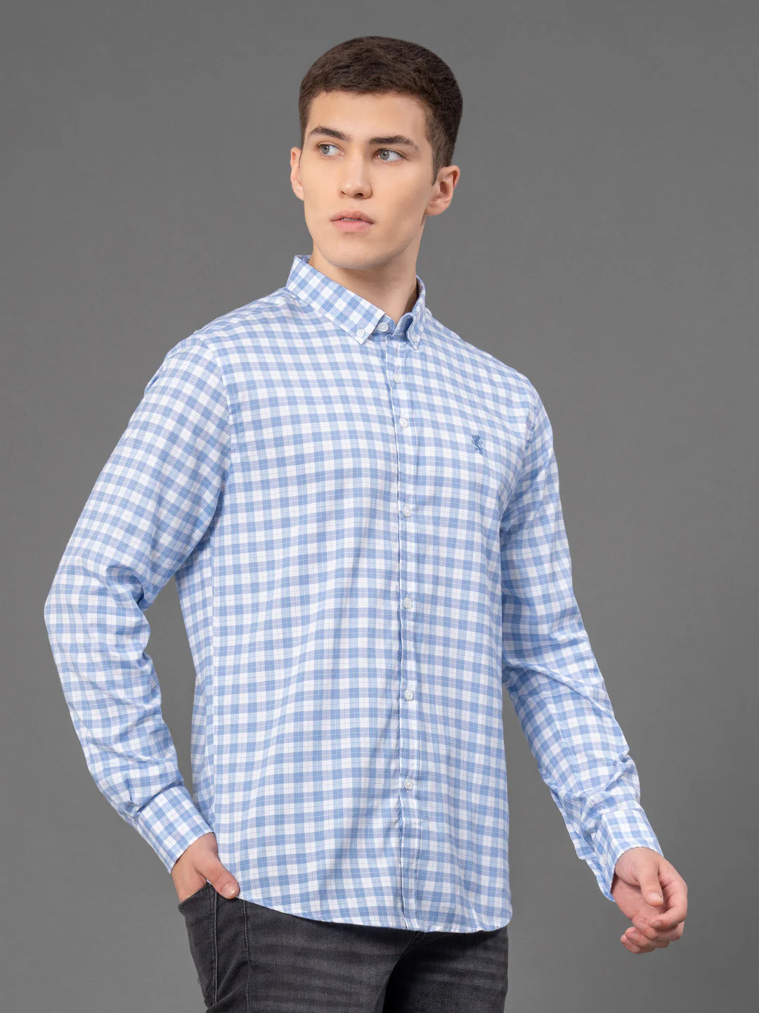 Sky Blue Checked Shirt for Men - Image 2