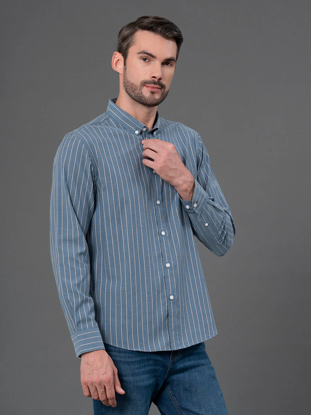 Slate Blue Striped Shirt for Men - Image 2