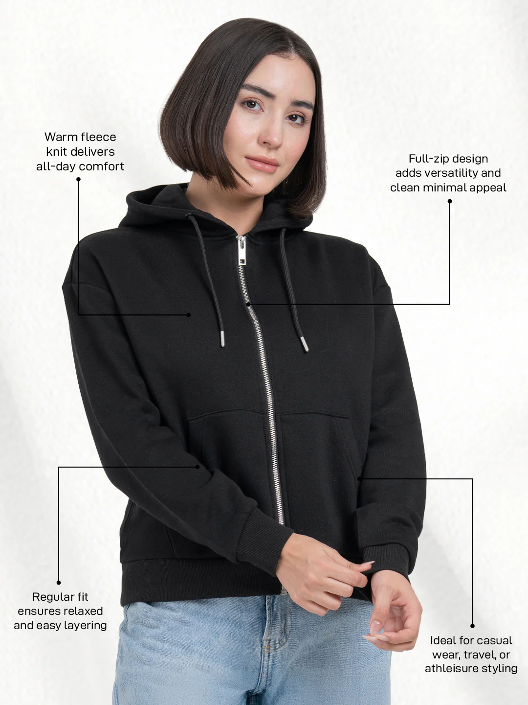 Solid Black Hoodies for Women | Full-Zip Hoodie for Everyday Comfort - Image 2