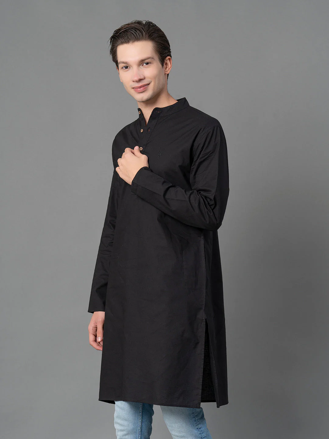 Solid Black Mid-Length Kurta for Men - Image 2