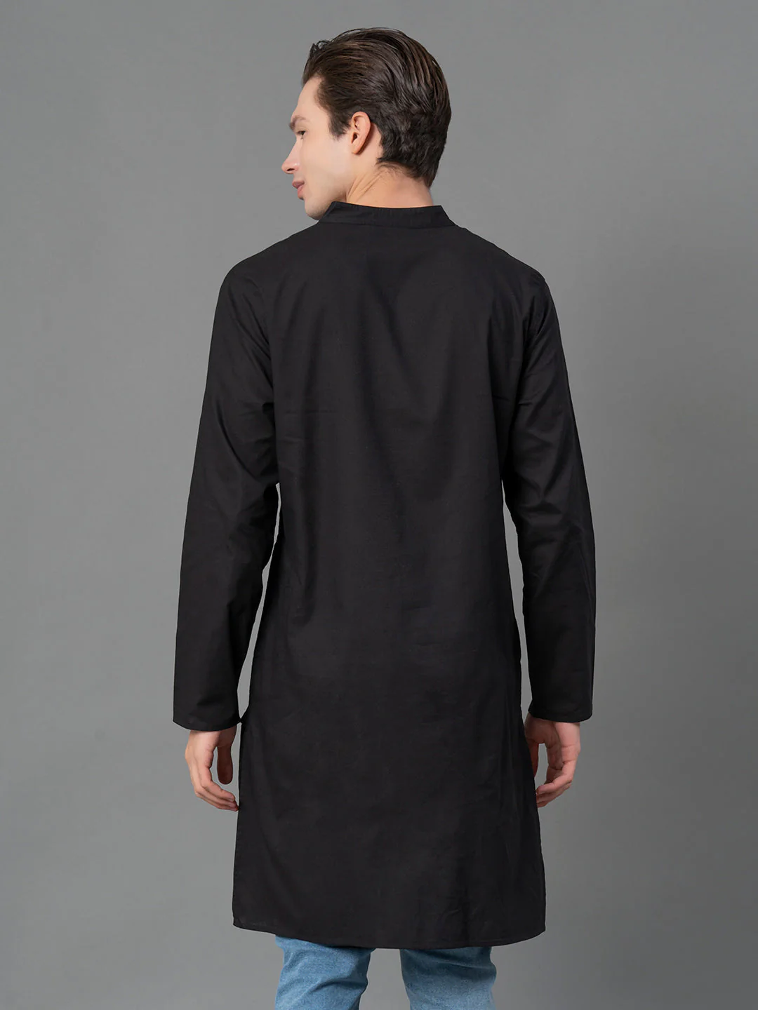 Solid Black Mid-Length Kurta for Men - Image 3