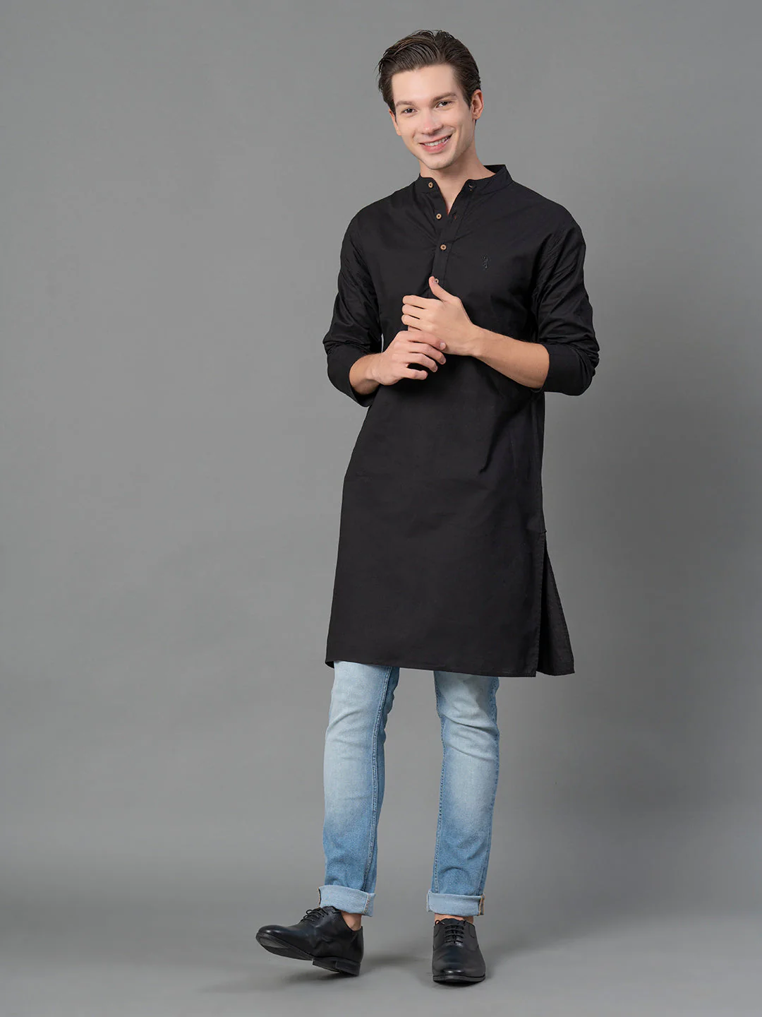 Solid Black Mid-Length Kurta for Men - Image 5