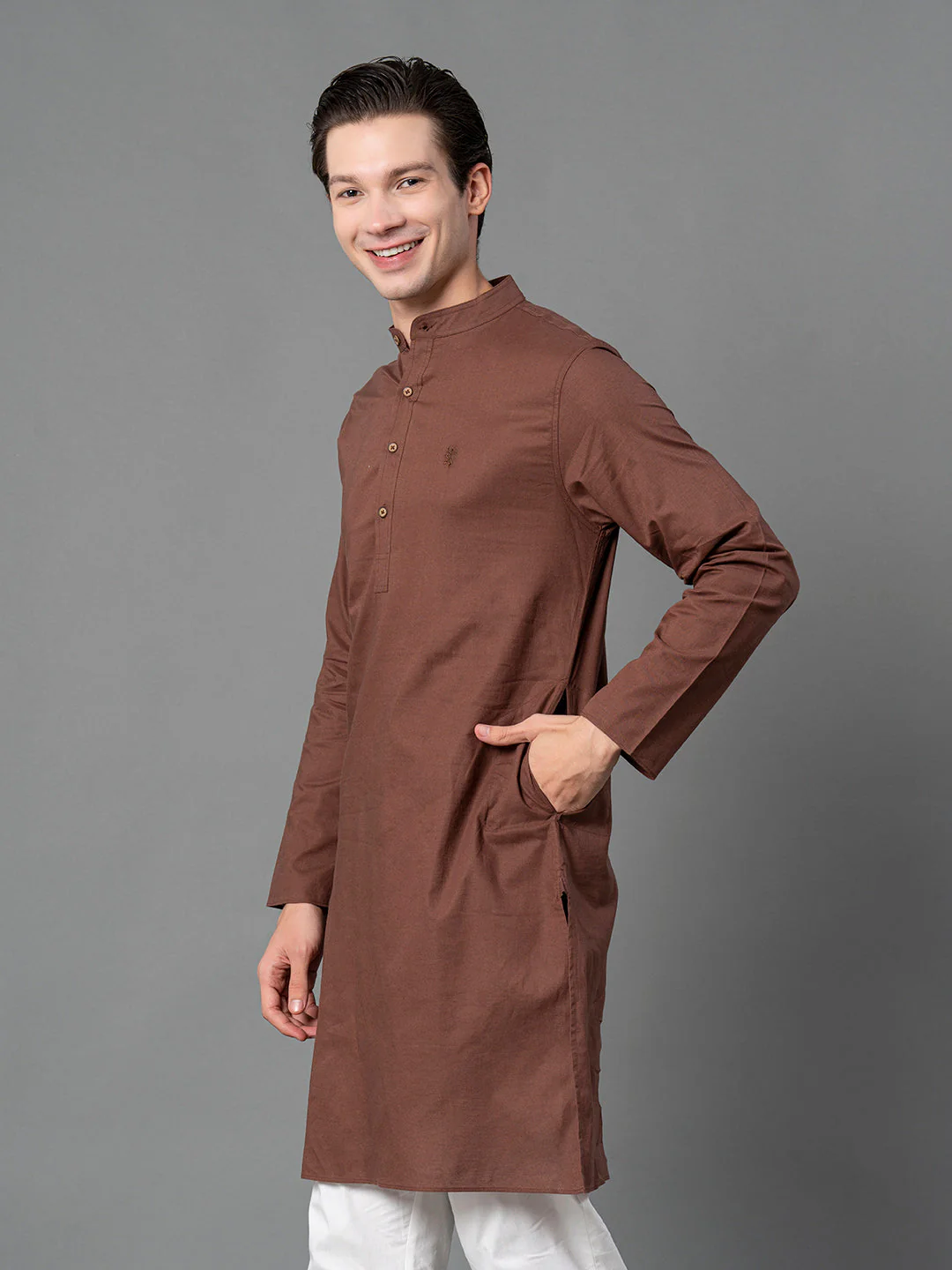 Solid Brown Mid-Length Kurta for Men - Image 2